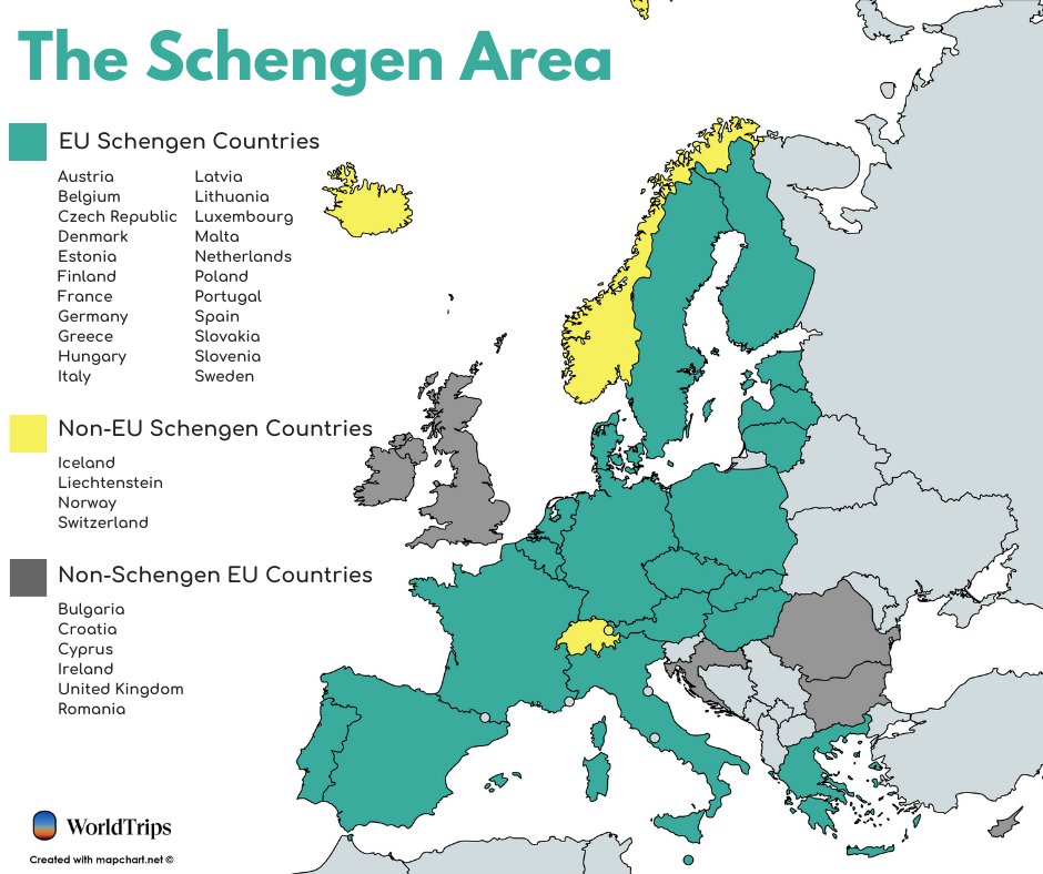Map of Schengen Area countries.