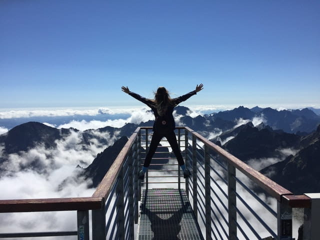 person standing on hand rails with arms wide open