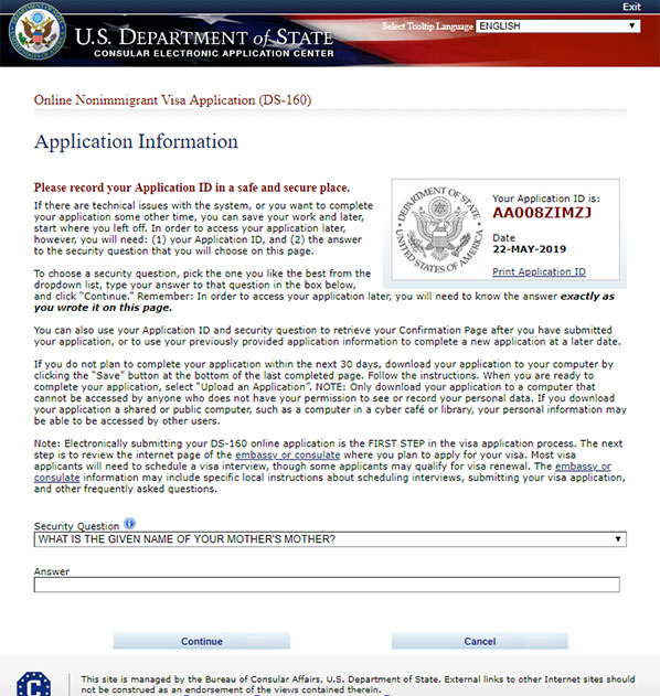 Application Information page of U.S. visitor visa application.