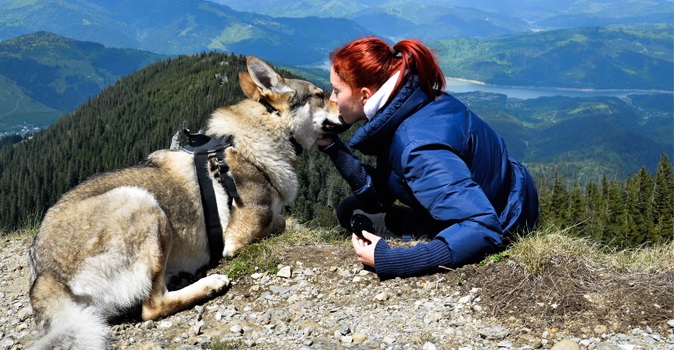 woman sitting on a mountain with a dog