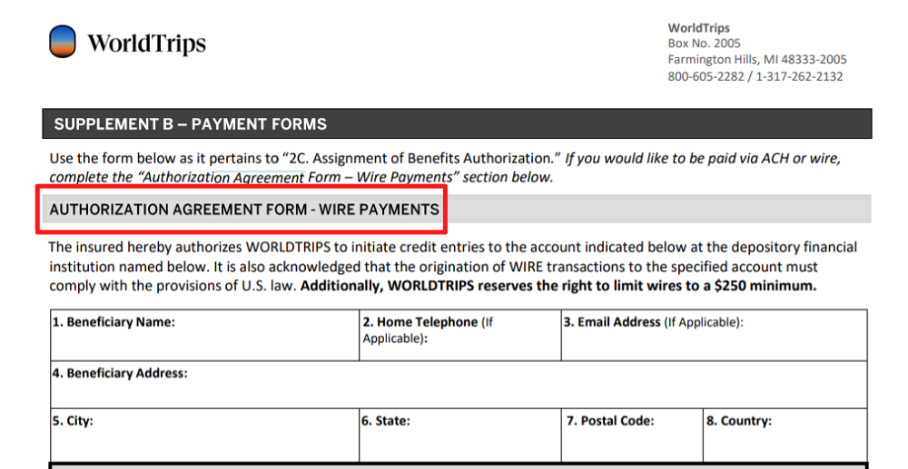 claimants form wire payments