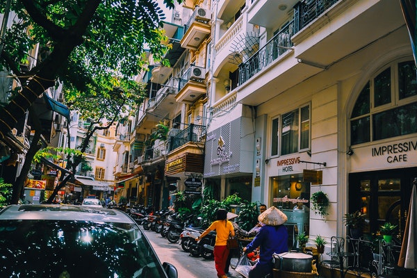 street with hotel and cafe in vietnam